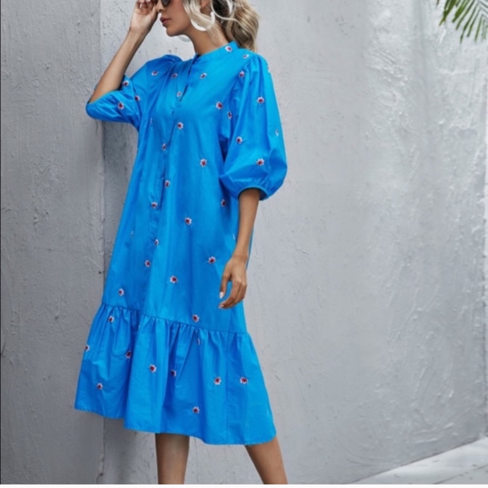 Zara blue puff shoulders maxi floral dress S